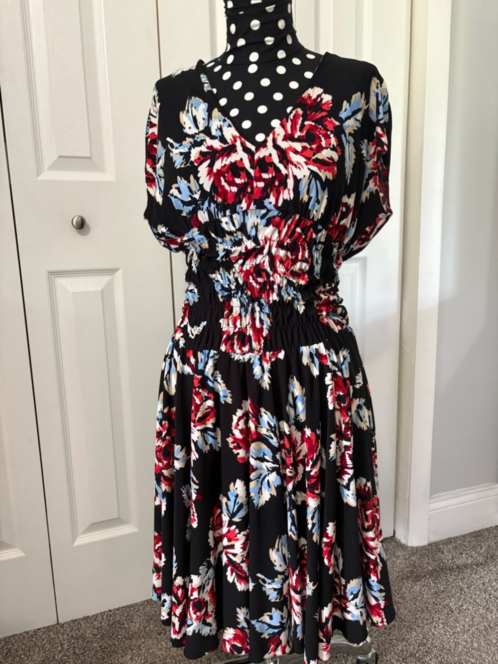 Nine West Black Midi Dress with Red and Blue Floral Print